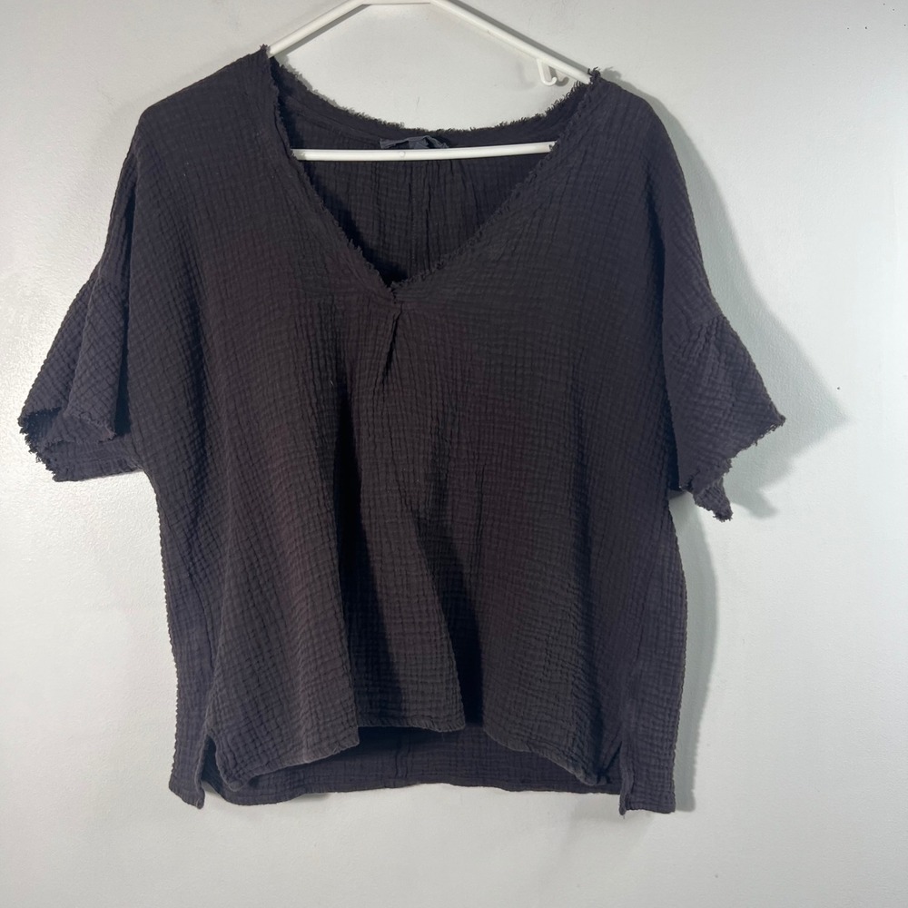 Womens Grade & Gather Waffle Weave Gauze V Neck Top M Brown‎
